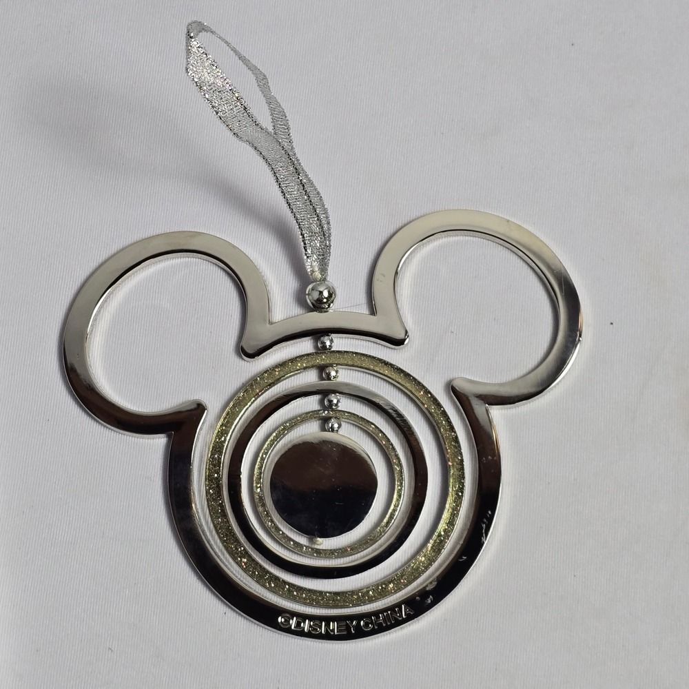 Disney Mickey Mouse Icon Silver Metal Spinning Ring Glitter Christmas Ornament - Picture 5 of 7
